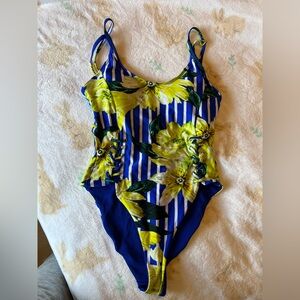 Floral Striped Swimsuit - Blue and Yellow